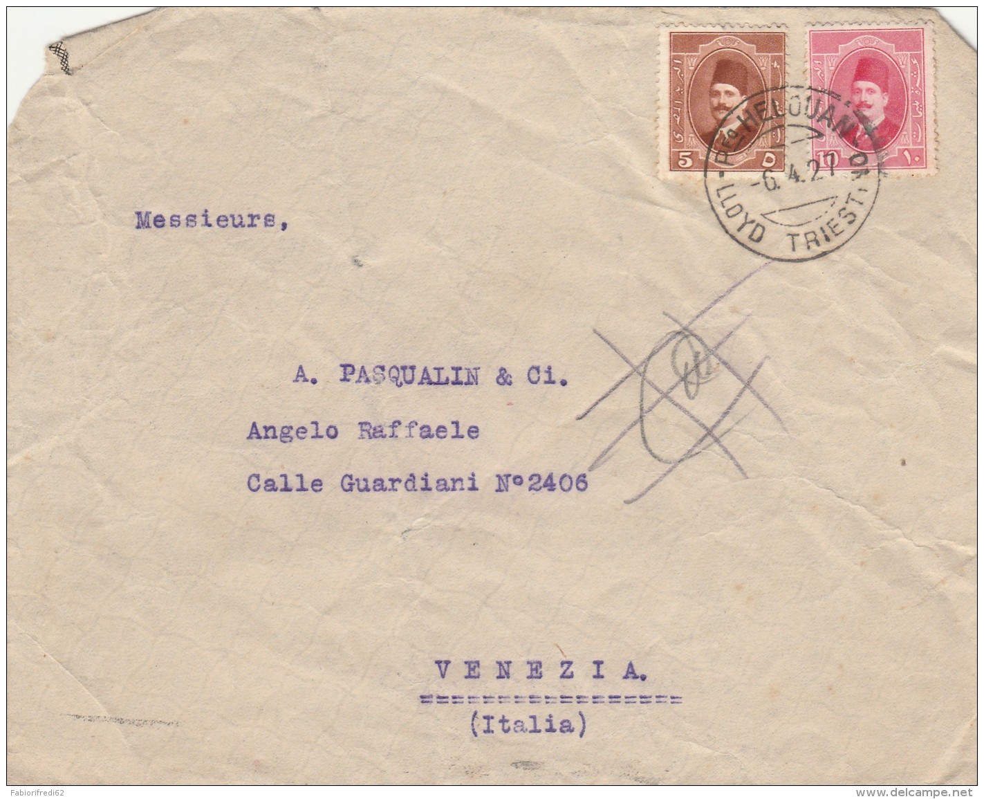 LETTERA 1927 DA EGITTO PER ITALIA TIMBRO LLYOD TRIESTE - VENEZIA-NON PERFETTA (Z1742 - Storia Postale