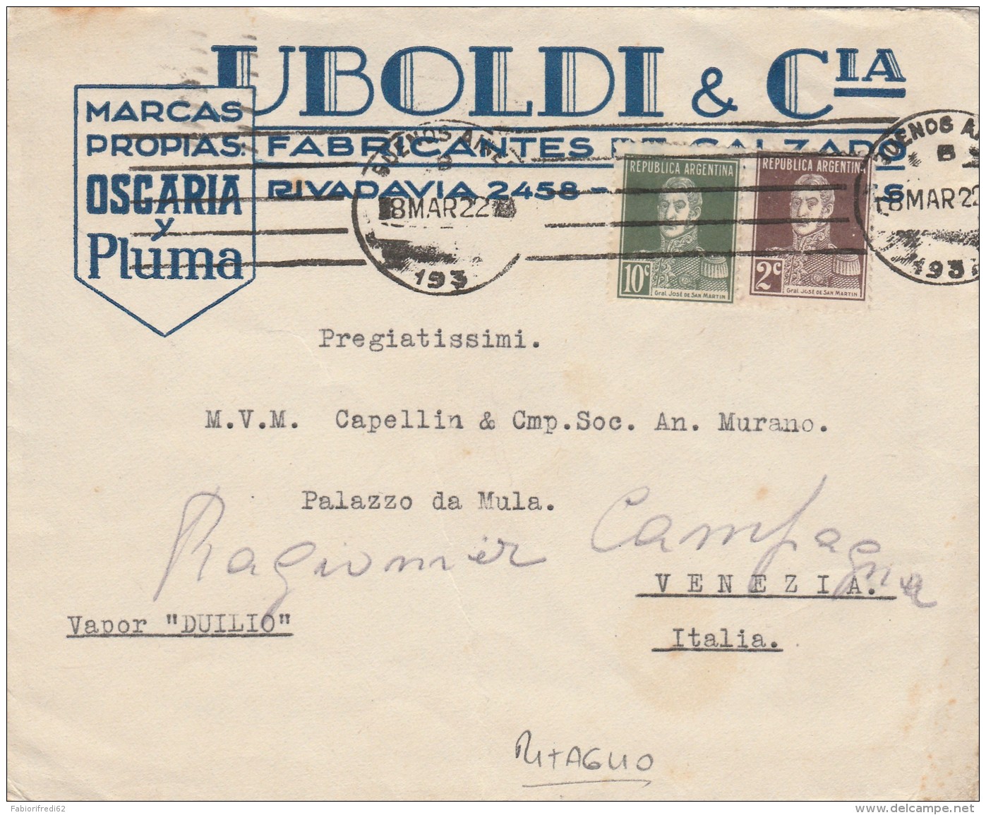 RITAGLIO 1922 DA ARGENTINA PER ITALIA -TIMBRO BUENOS AIRES (Z1832 - Storia Postale