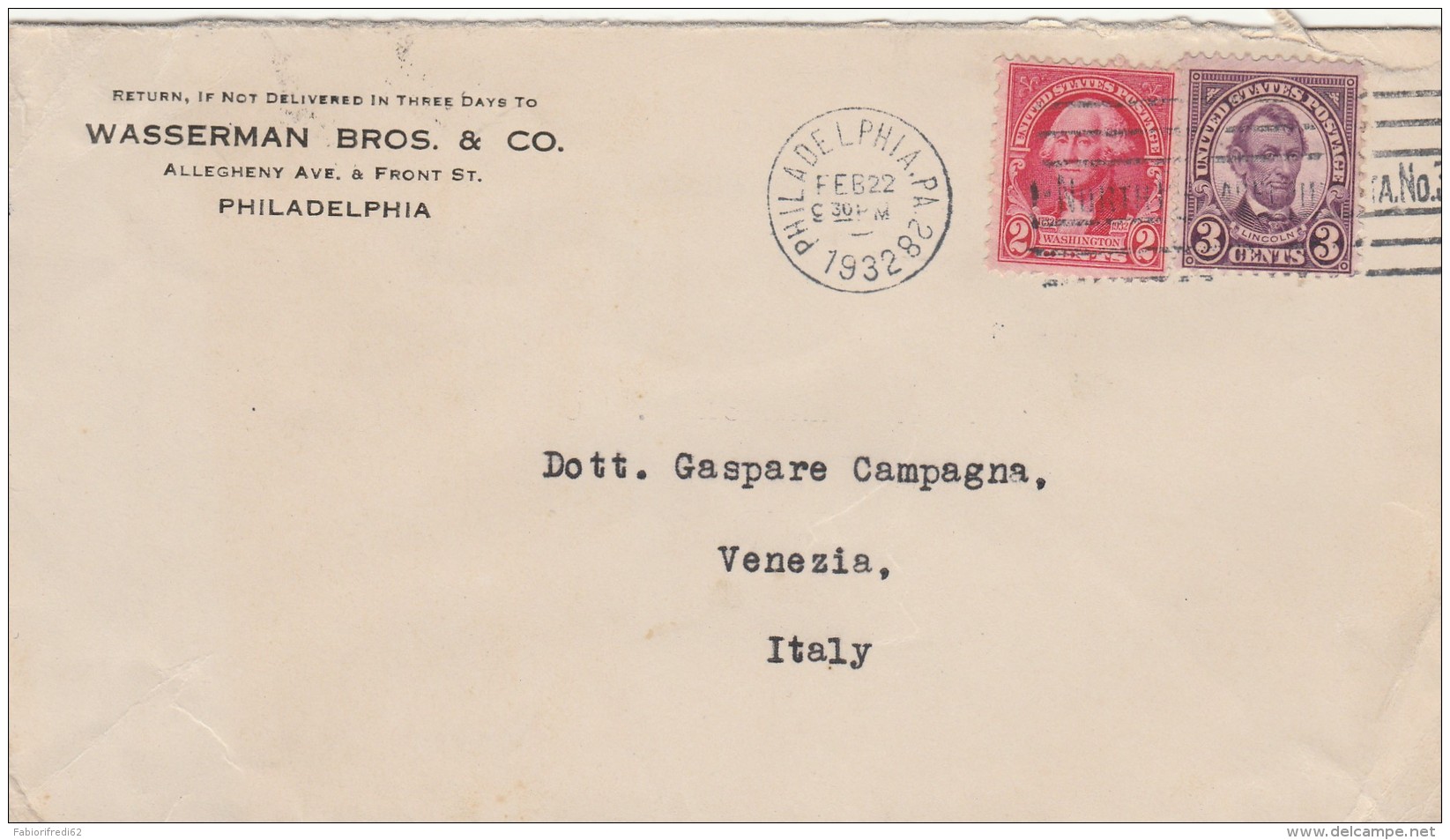 LETTERA 1932 DA USA PER ITALIA TIMBRO PHILADELPHIA (Z1839 - Storia Postale