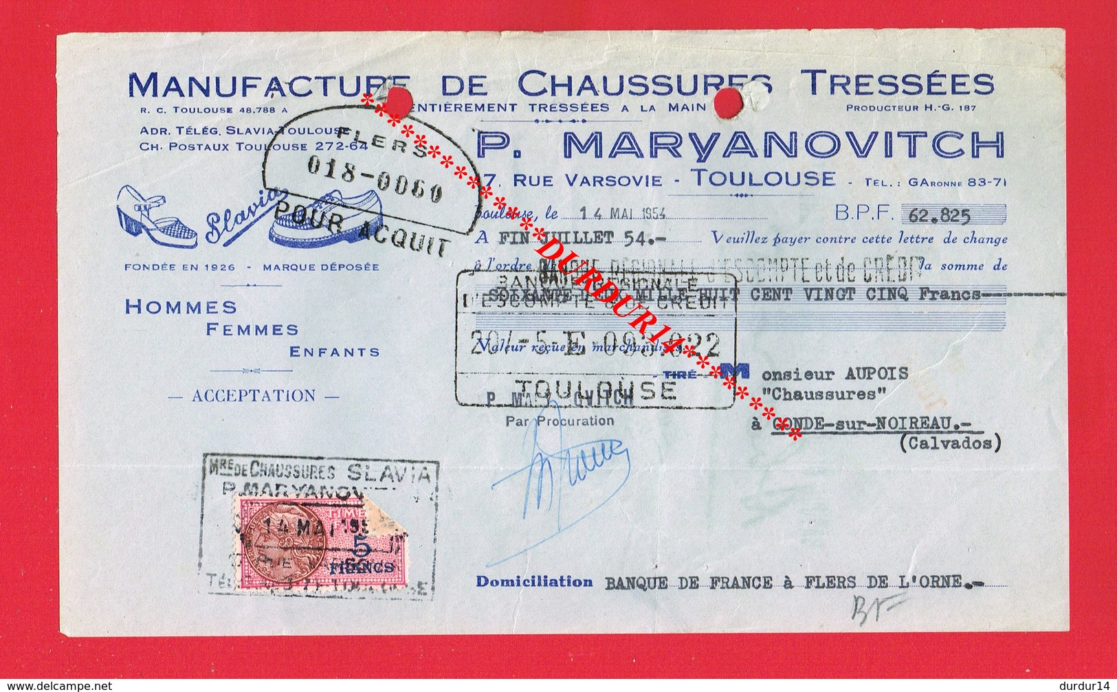 1 Lettre De Change TOULOUSE 7 Rue Varsovie P MARYANOVITCH Manufacture De Chaussures - Lettres De Change