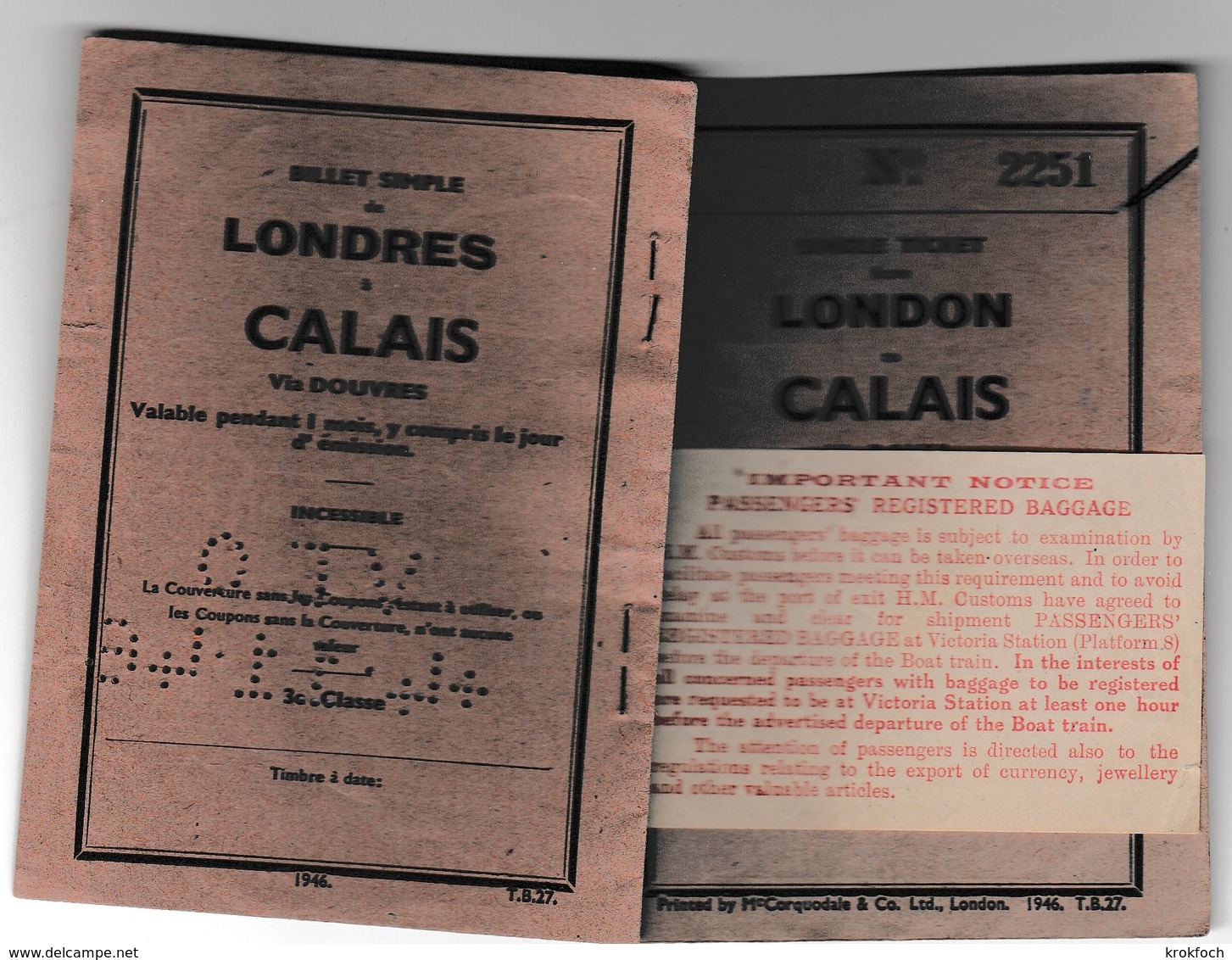 Billet De Londres à Calais Via Douvres 1946 - London Dover - 2 Scans - Sonstige & Ohne Zuordnung