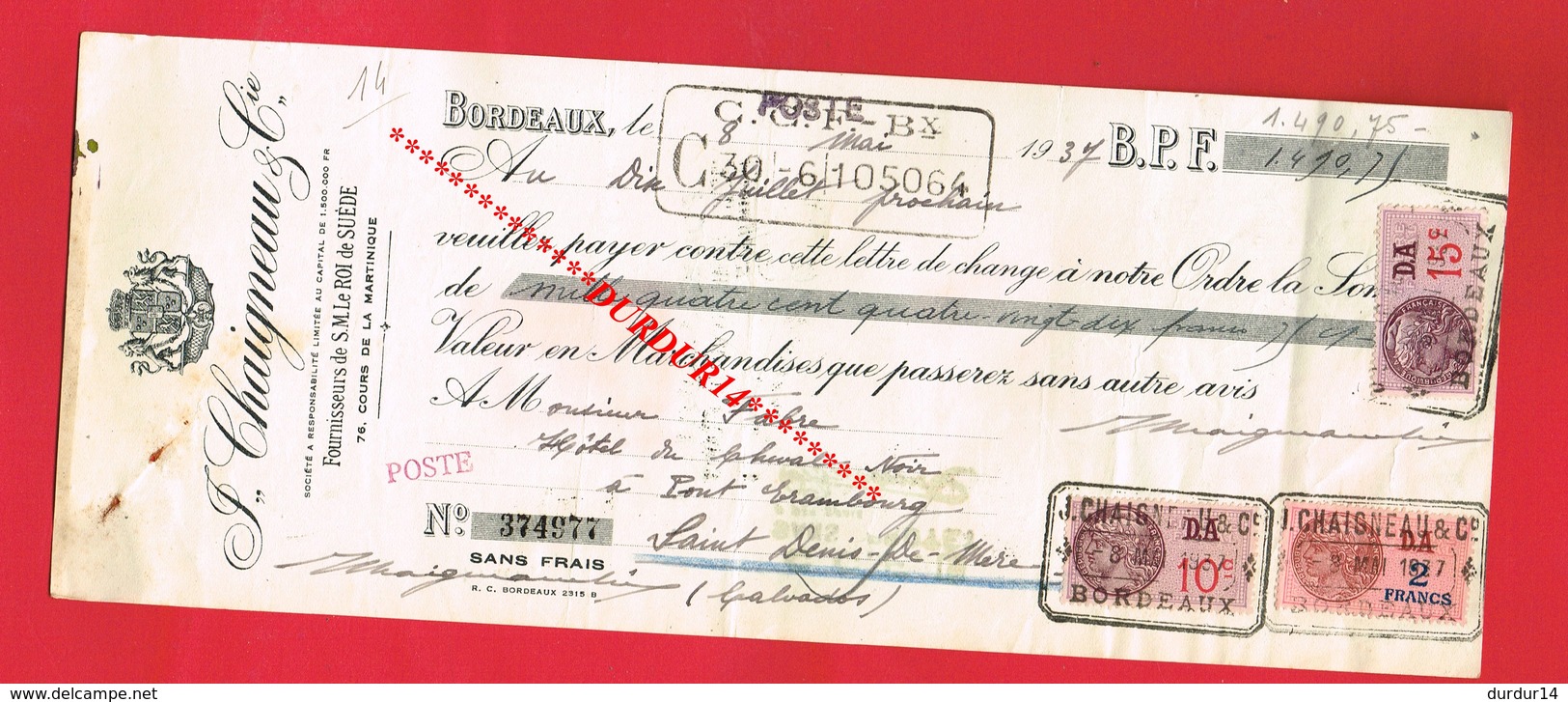 1 Lettre De Change & BORDEAUX CHAIGNEAU 76 Cours De La Martinique Vin Alcool - Lettres De Change