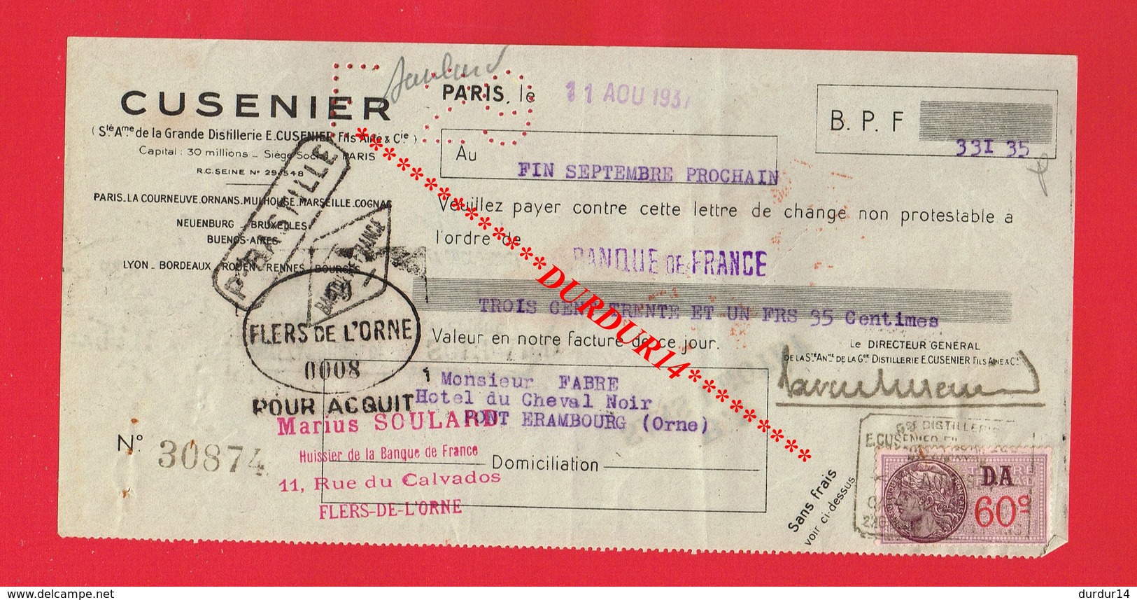 1 Lettre De Change & PARIS CUSENIER Distillerie  Alcool - Bills Of Exchange