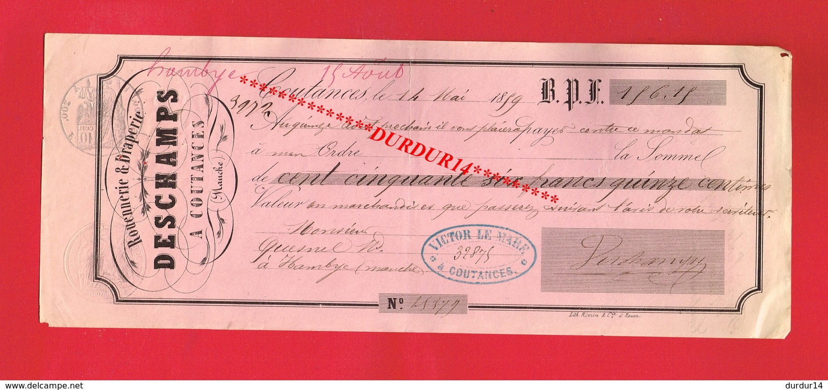 1 Lettre De Change & COUTANCES DESCHAMPS Rouennerie Draperie 1859 - Wissels