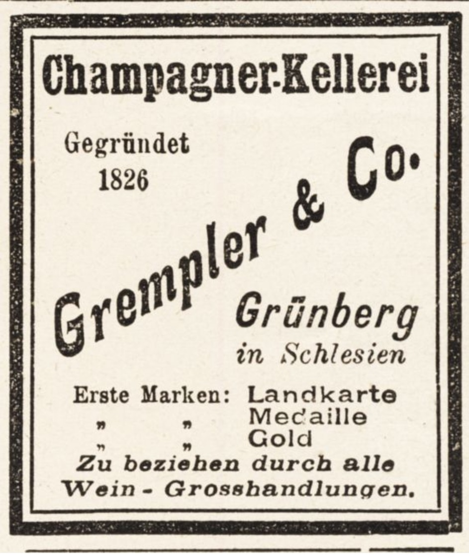Original-Werbung/ Anzeige 1897 - CHAMPAGNER KELLEREI GREMPLER - GRÜNBERG - Ca. 45 X 50 Mm - Publicités