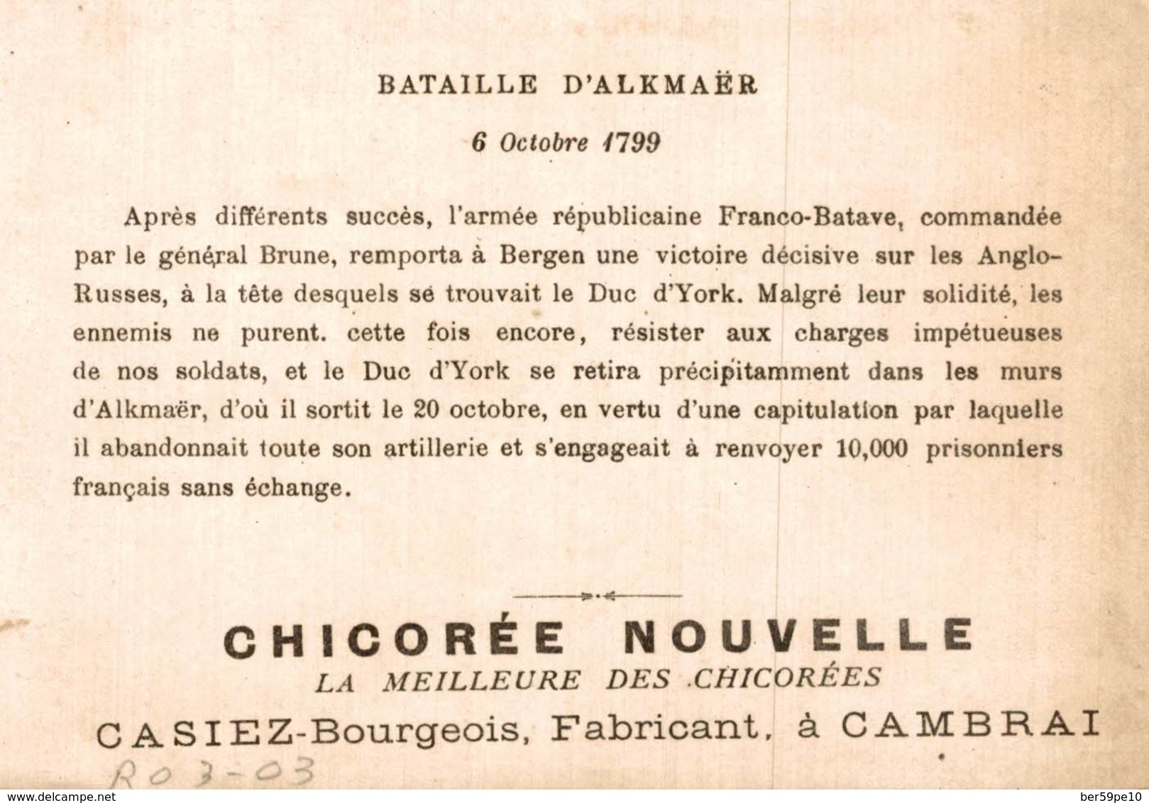 CHROMO  CHICOREE NOUVELLE CASIEZ-BOURGEOIS  CAMBRAI  BATAILLE D'ALKMAER - Autres & Non Classés