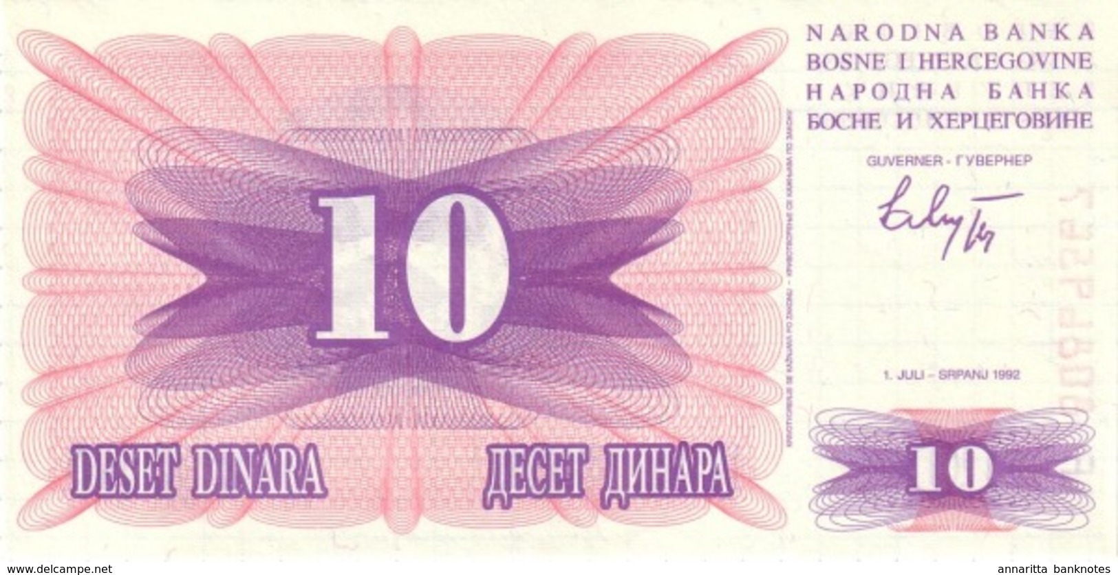 BOSNIA AND HERZEGOVINA 10 DINARA 1992 P-10 UNC  [BA113a] - Bosnia And Herzegovina