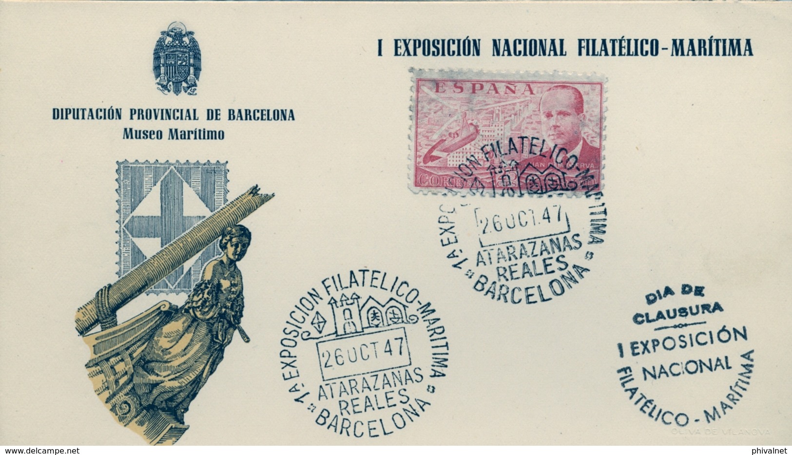 1947 , BARCELONA  , TARJETA CON MATASELLOS ESPECIAL , EXPOSICIÓN FILATÉLICO - MARÍTIMA , ATARAZANAS REALES - Brieven En Documenten