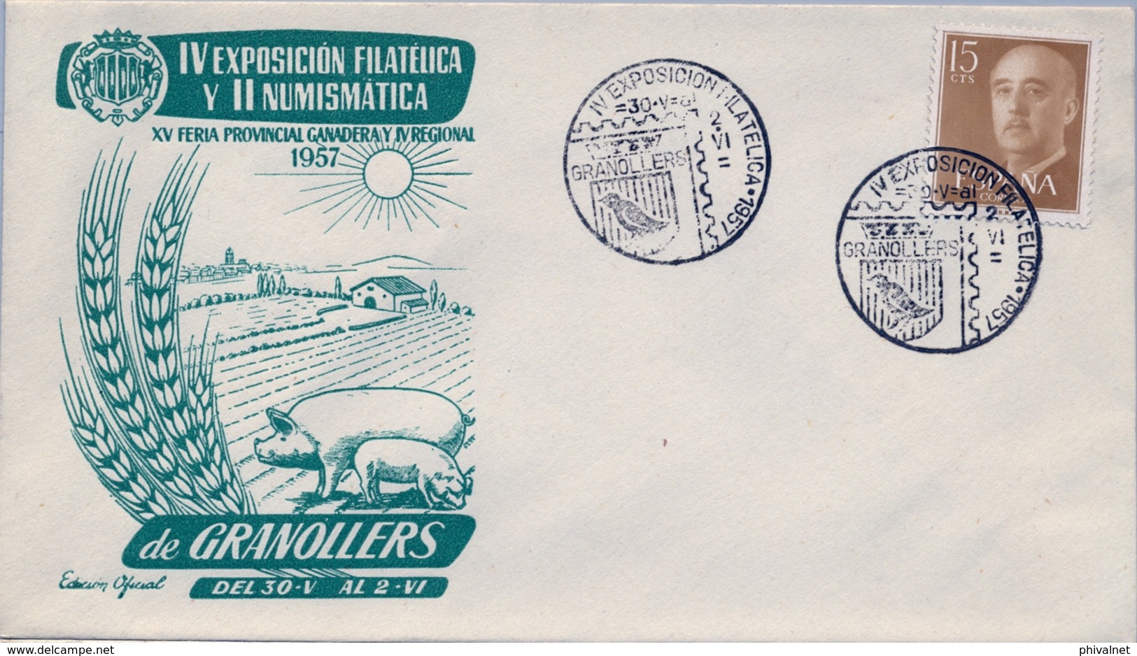 1957 , BARCELONA , SOBRE CON MATASELLOS ESPECIAL , IV EXPO. FILATÉLICA Y II NUMISMÁTICA DE GRANOLLERS, GANADERIA - Cartas & Documentos