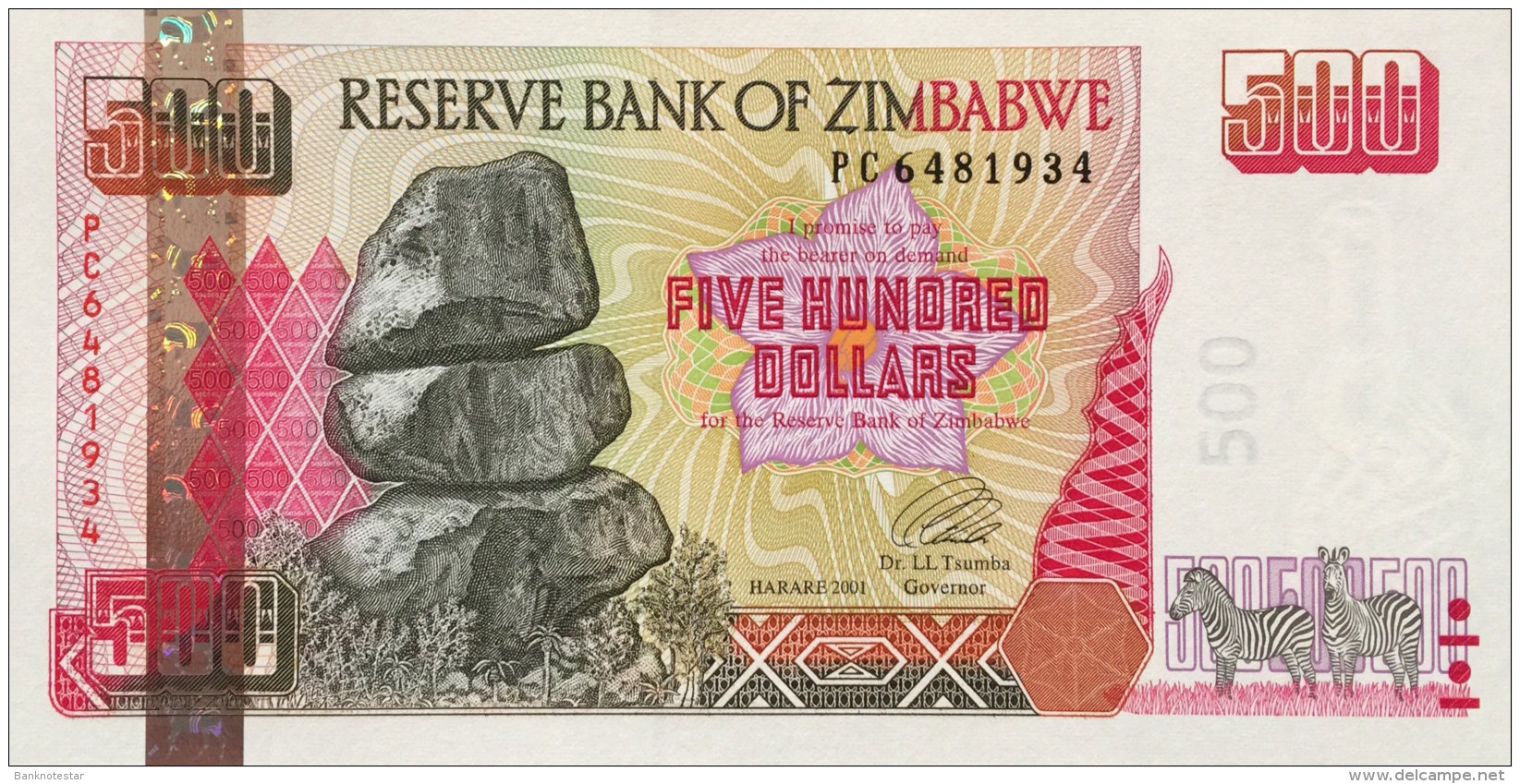 Zimbabwe 500 Dollars, P-10 (2001) UNC - Simbabwe