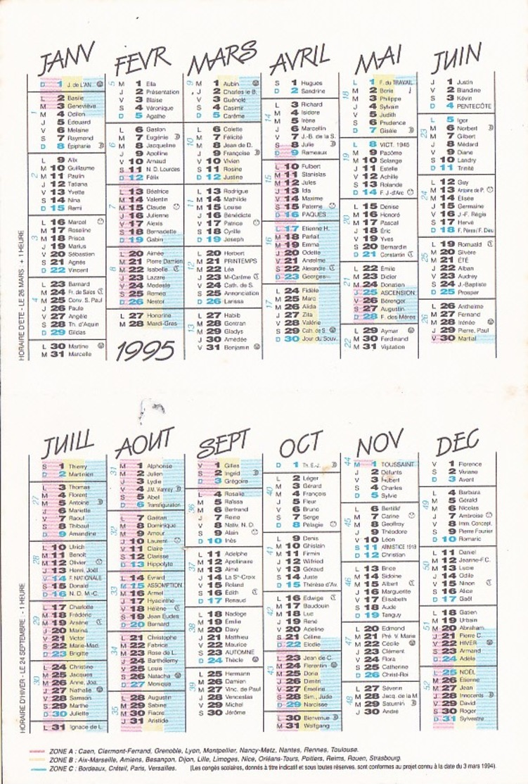 Calendrier Boulangerie Thubière Naucelle-Gare  Pampelonne Automobile 95 - Petit Format : 1991-00