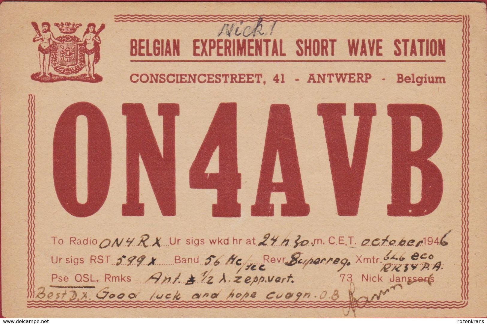 Very Old QSL Card Amateur Radio Station CB 1946 Belgian Experimental Short Wave Station Antwerp Antwerpen - Amateurfunk