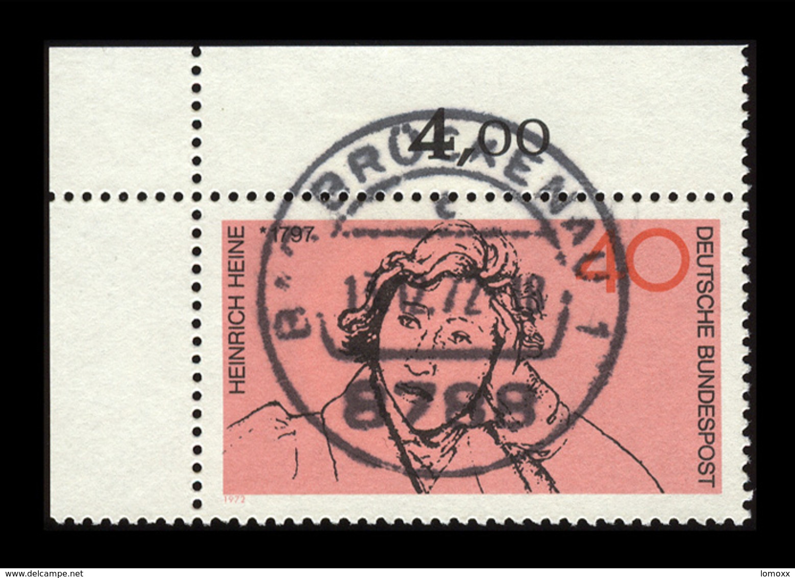 BRD 1972, Michel-Nr. 750, 175. Geburtstag Von Heinrich Heine, 40 Pf., Eckrand Oben Links, Gestempelt - Gebraucht