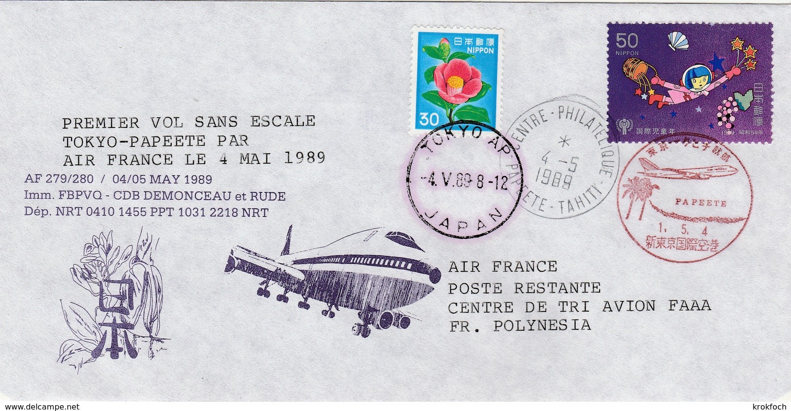 1er Vol Tokyo Papeete 1989 En Boeing 747 - Japan Polynésie - Air France - Inaugural Flight Erstflug - Lettres & Documents