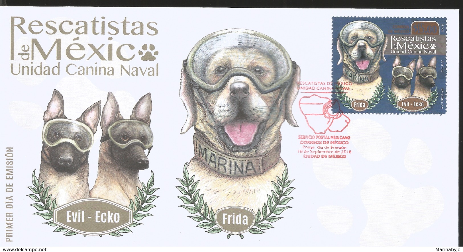 J) 2018 MEXICO, RESELLERS OF MEXICO, NAVAL CANINE UNIT, EVIL-ECKO FRIDA, DOGS, FDC - Mexico