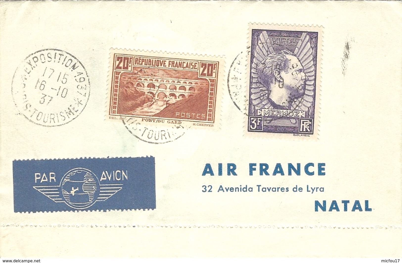 1937 -DEPLIANT AIR-FRANCE  Affr.  Pont Du Gard + Mermoz  + 3 Autres Pays - 1921-1960: Période Moderne