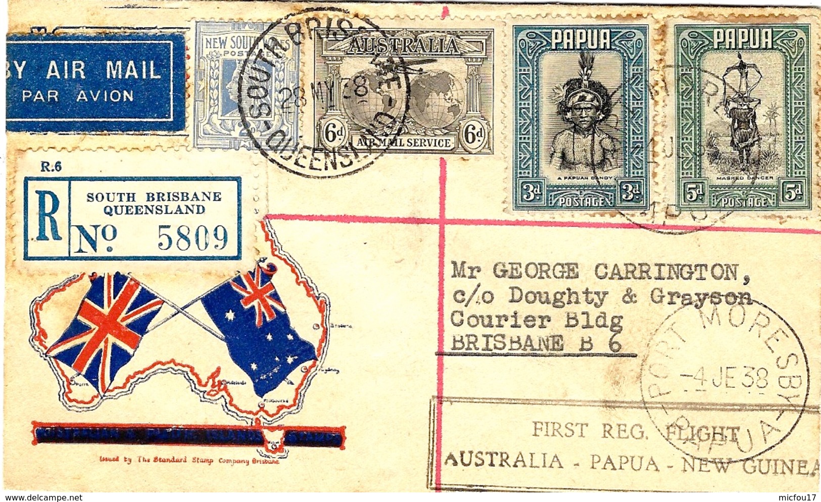 28 May 1938- First REG.FLIGHT - AUSTRALIA-PAPUA-NEX GUINEA   Mixed Fr. AUSTR. + Papua - First Flight Covers