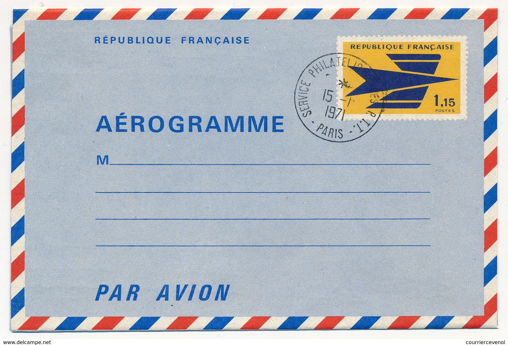 FRANCE => Aérogramme 1,15 F Logo De La Poste Oblitéré "Service Philatélique Des P.T.T. Paris" 1971 - Aérogrammes