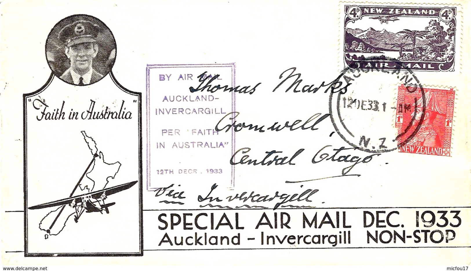 12-12-33 - Special Air Mail  Auckland - Invercargill   Affr. Ae N°2  4 Pence - Covers & Documents