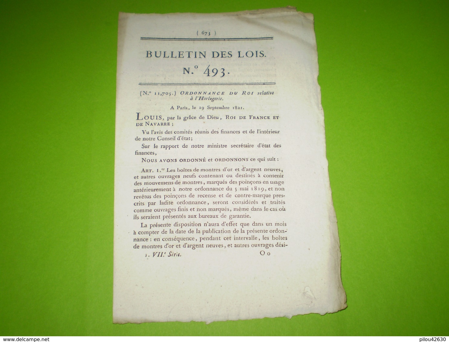 Lois 1821:Ordonnance Du Roi Relative à L' Horlogerie Pour Les Montres En Or & En Argent - Décrets & Lois