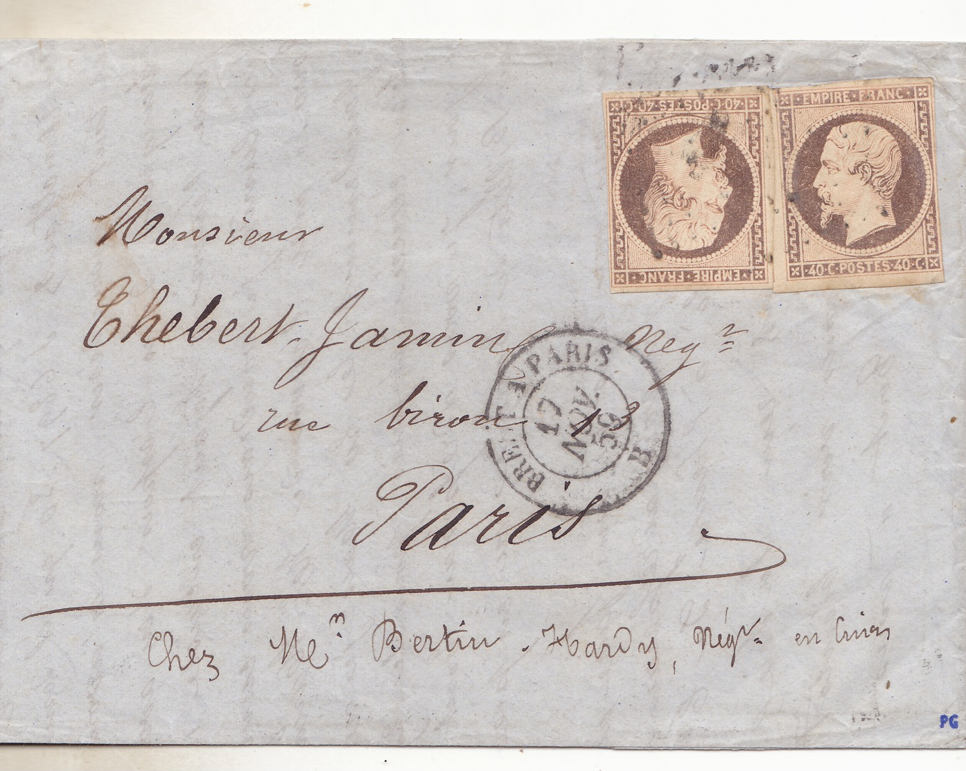 Yvert N°16. Lettre De Vitré Pour Paris De 1859, Les 2 Tp En Position Tête Bêche Nuance Oxydée Rare Ainsi. Complete Tbe. - 1853-1860 Napoléon III