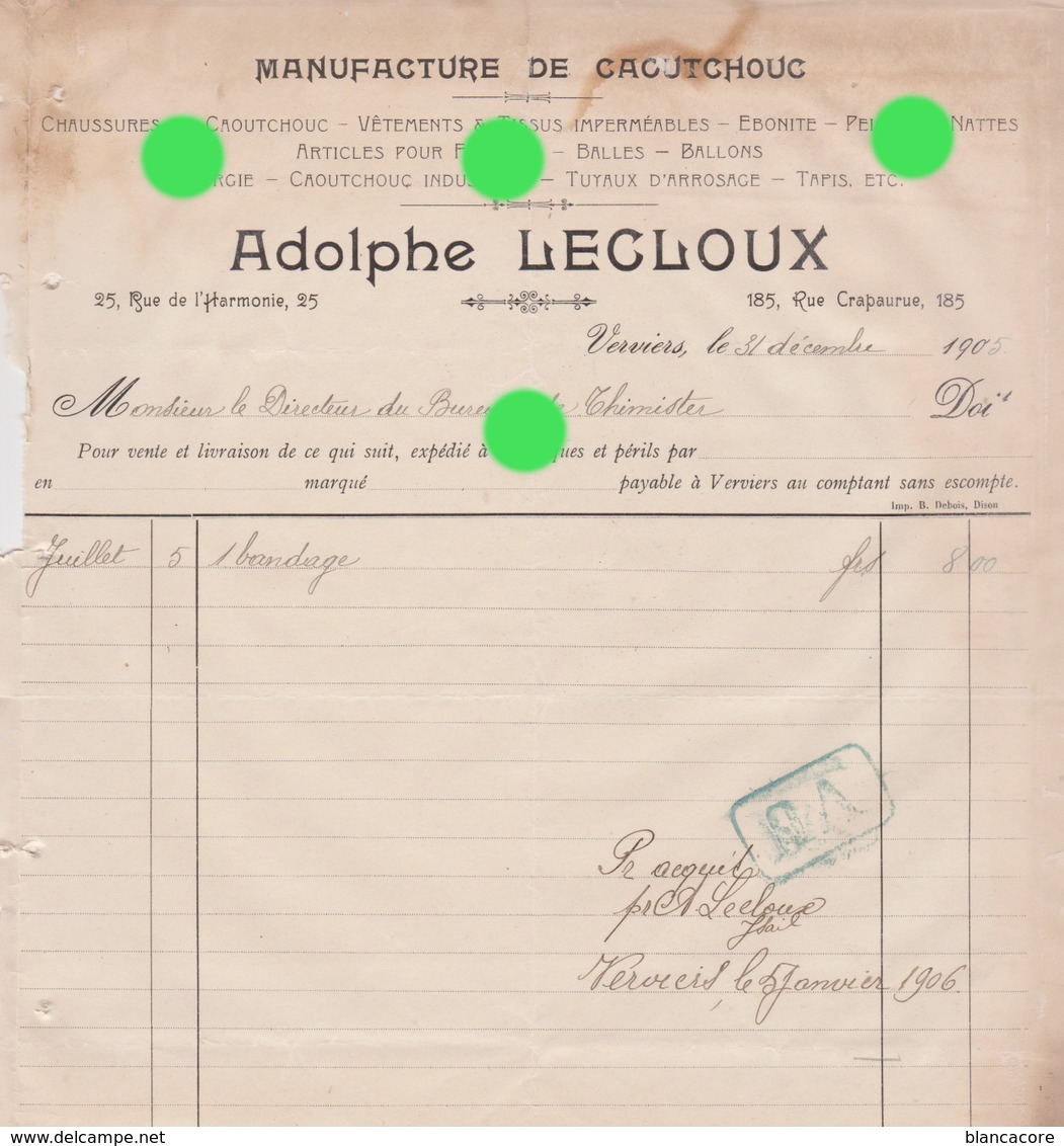 VERVIERS 1905  Manufacture De Caoutchouc Adolphe Lecloux - Textile & Vestimentaire
