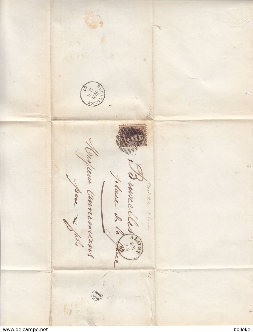 Belgique - Lettre De 1863 - Oblit Alost - Cachet 8 Barres - Exp Vers Bruxelles - Cachet Facteur - 1858-1862 Medallones (9/12)