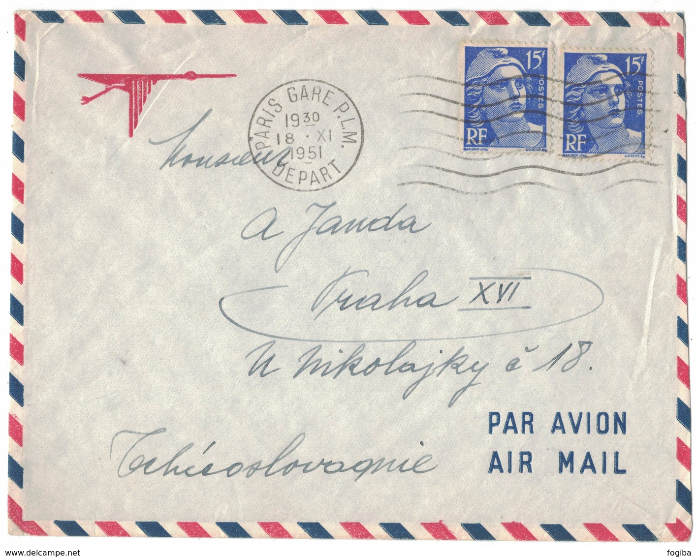 AI136   Lettre (cover) 886x2 Marianne De Gandon 1951 Paris Gare Pour Praha Tchécoslovaquie - 1945-54 Marianna Di Gandon