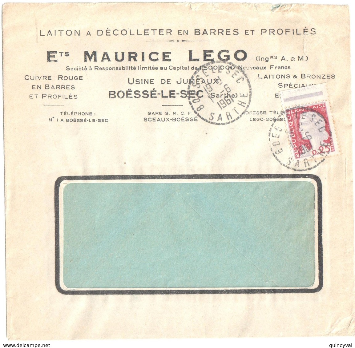 BOSSE Le SEC Sarthe Lettre Entête Maurice LEGO Laiton Décolleté Barres Profilés 25c Decaris Yv 1263 Ob Lautier B7 1961 - Covers & Documents