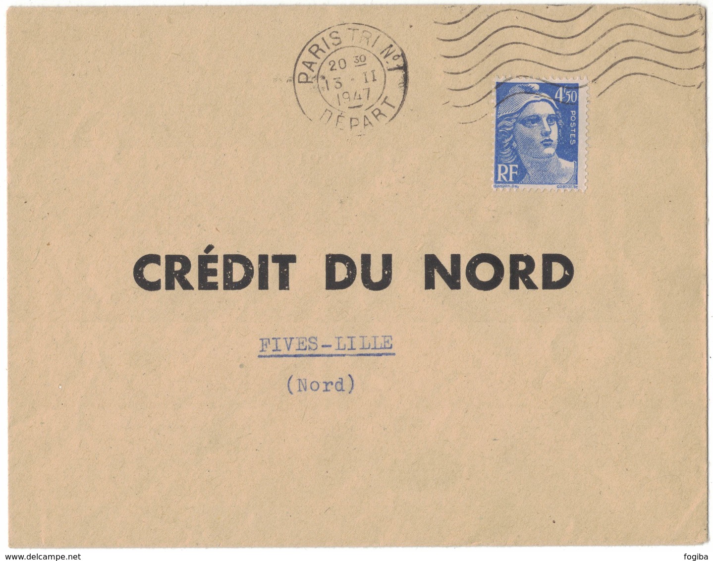 AI137   Lettre (cover) 1947 Marianne De Gandon 4fr 50  Pour  Crédit Du Nord  Fives-Lille - 1945-54 Marianne (Gandon)