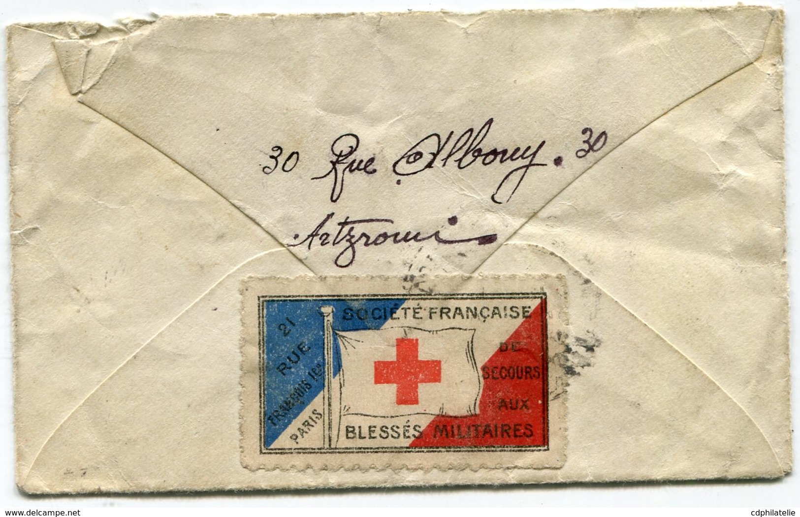 FRANCE LETTRE AU DOS VIGNETTE "SOCIETE FRANCAISE DE SECOURS AUX BLESSES MILITAIRES" DEPART PARIS 16 MARS 15 POUR LA..... - Croix Rouge