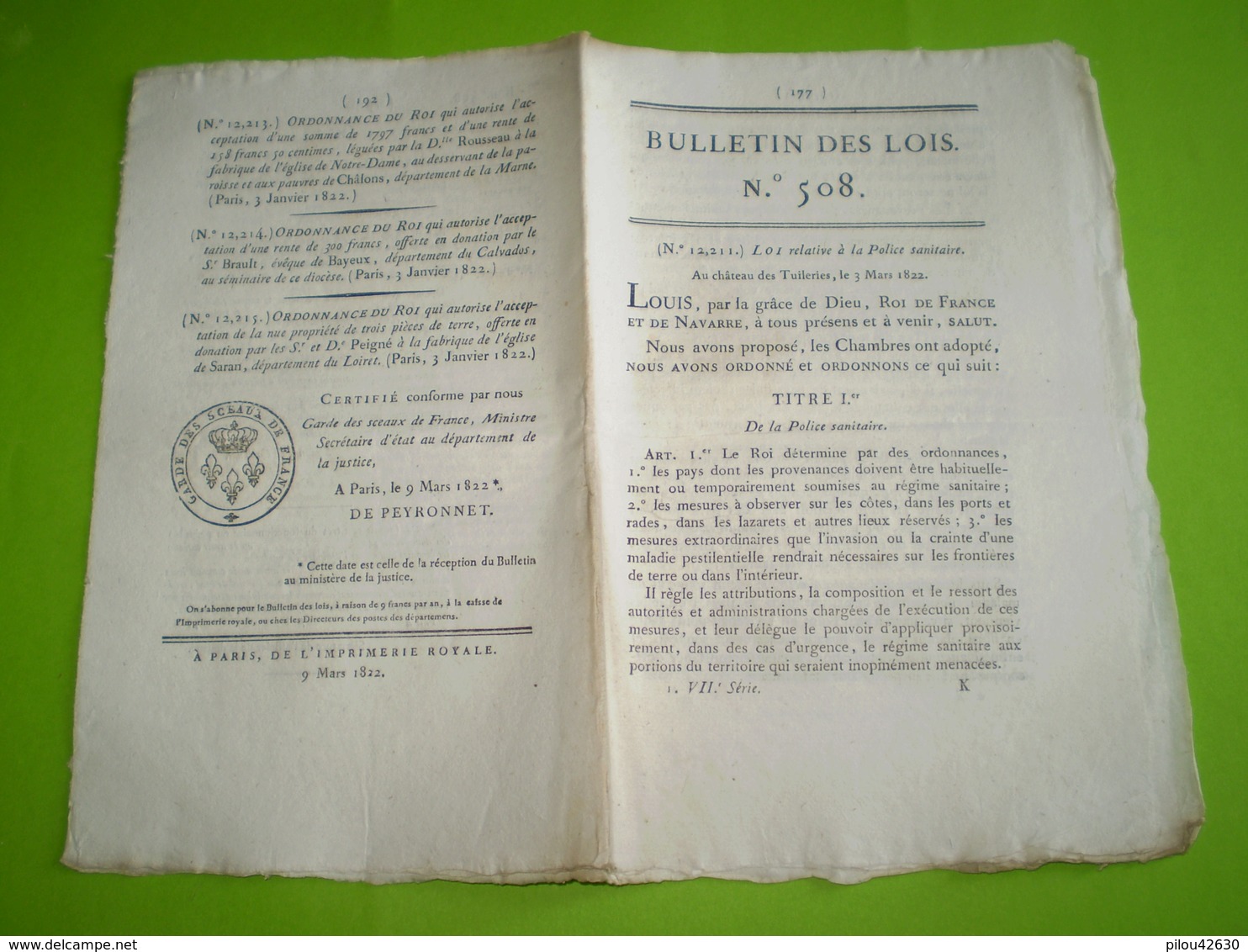 1822:loi Relative à La Police Sanitaire:peine De Mort,travaux Forcés... Prime Pêche à La Morue St Pierre Et Miquelo,Terr - Décrets & Lois