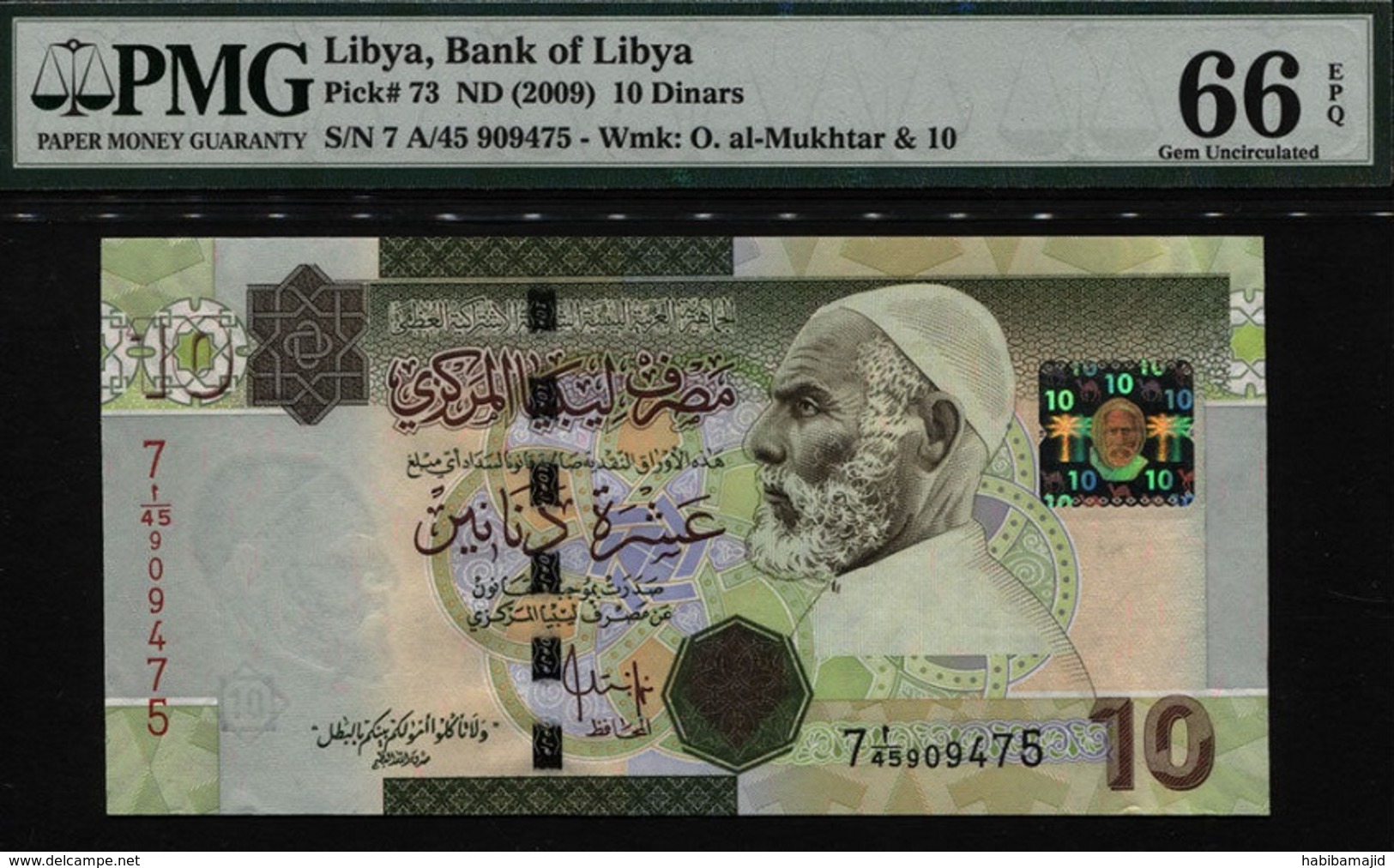 Libye :10 DINARS "OMAR AL-MUKHTAR" PMG 66. UNC - Libia