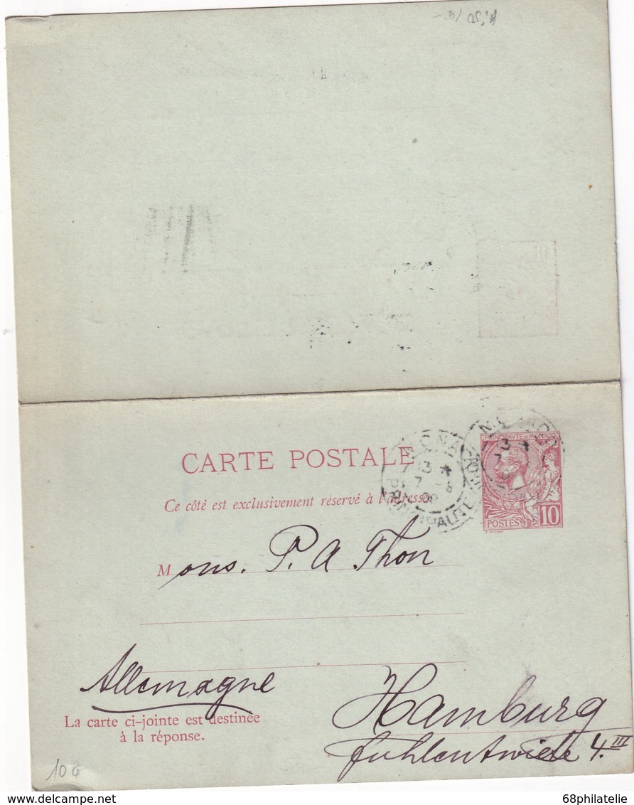 MONACO   1909  ENTIER POSTAL CARTE AVEC REPONSE - Postal Stationery