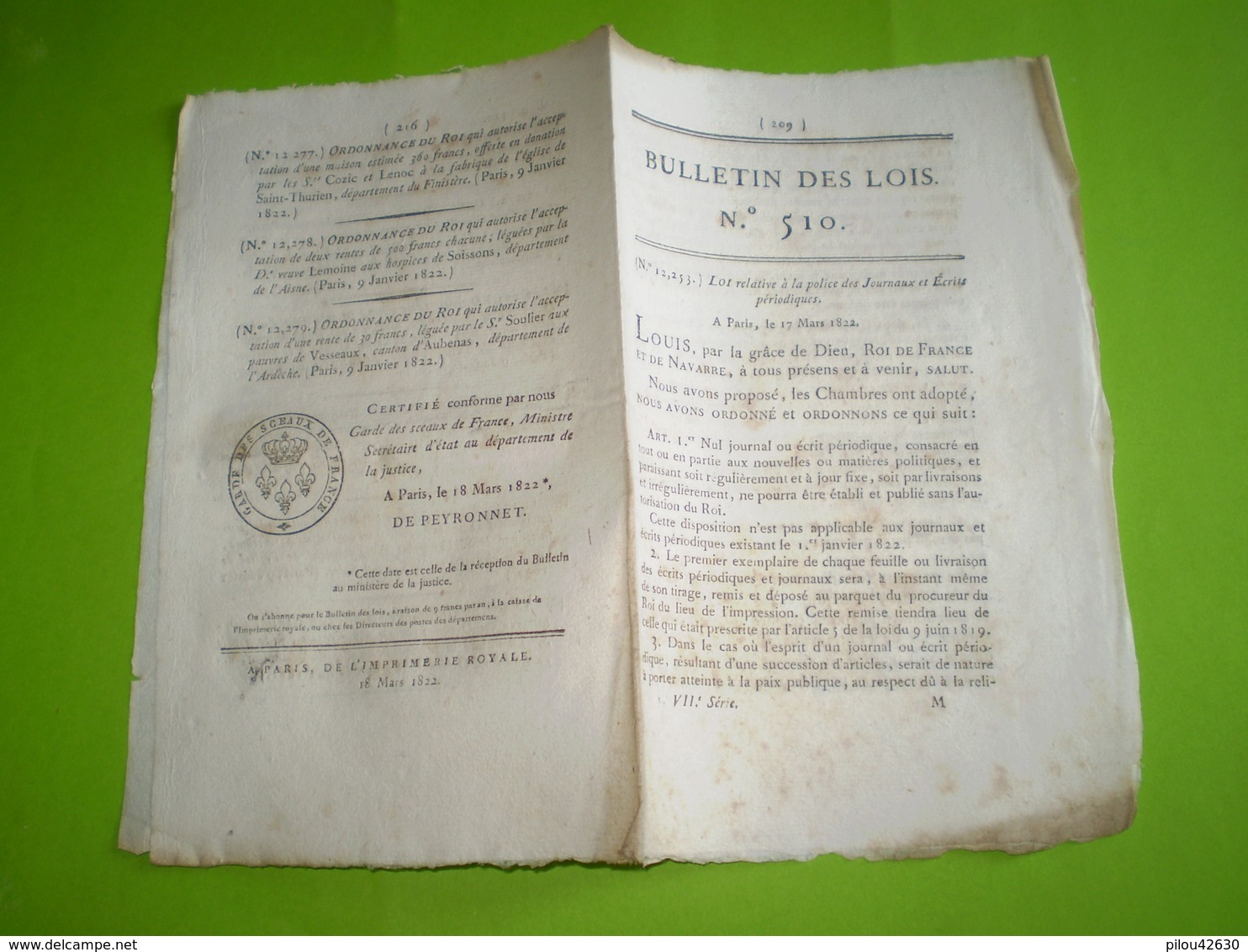1822:loi Relative à La Police Des Journaux & écrits Périodiques. Legs Buat, Chaize Le Vicomte,Bolbec,Albenc,Aubenas... - Décrets & Lois
