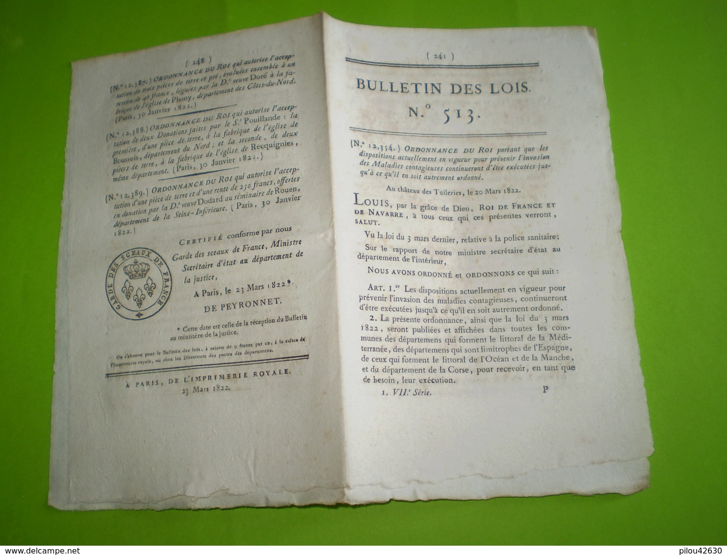 1822: Maladies Contagieuses. Foire Loudéac, Buais, Sourdeval,Querqueville,Avranches,Cerisy,Chanos Curson ... Legs - Decretos & Leyes