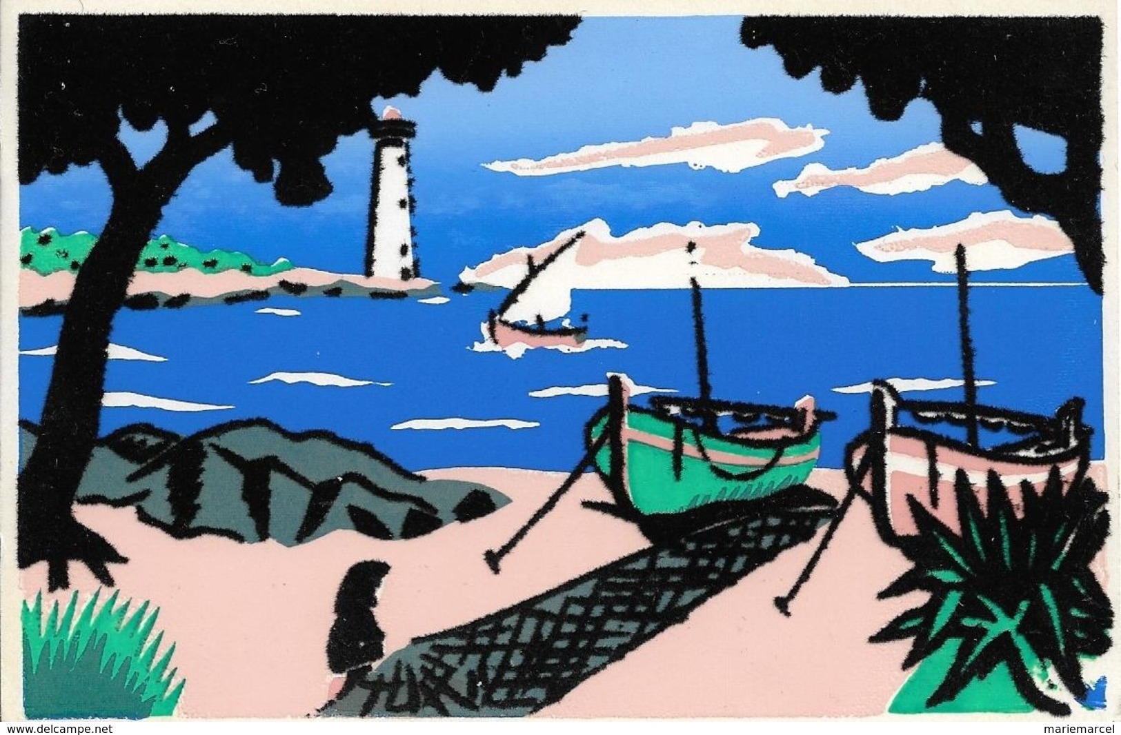 CARTE VELOURS OU FEUTRINE DE COULEUR FLUO - BORD DE MER AVEC UN PHARE ET DES BARQUES - CPSM Grand Format - Autres & Non Classés