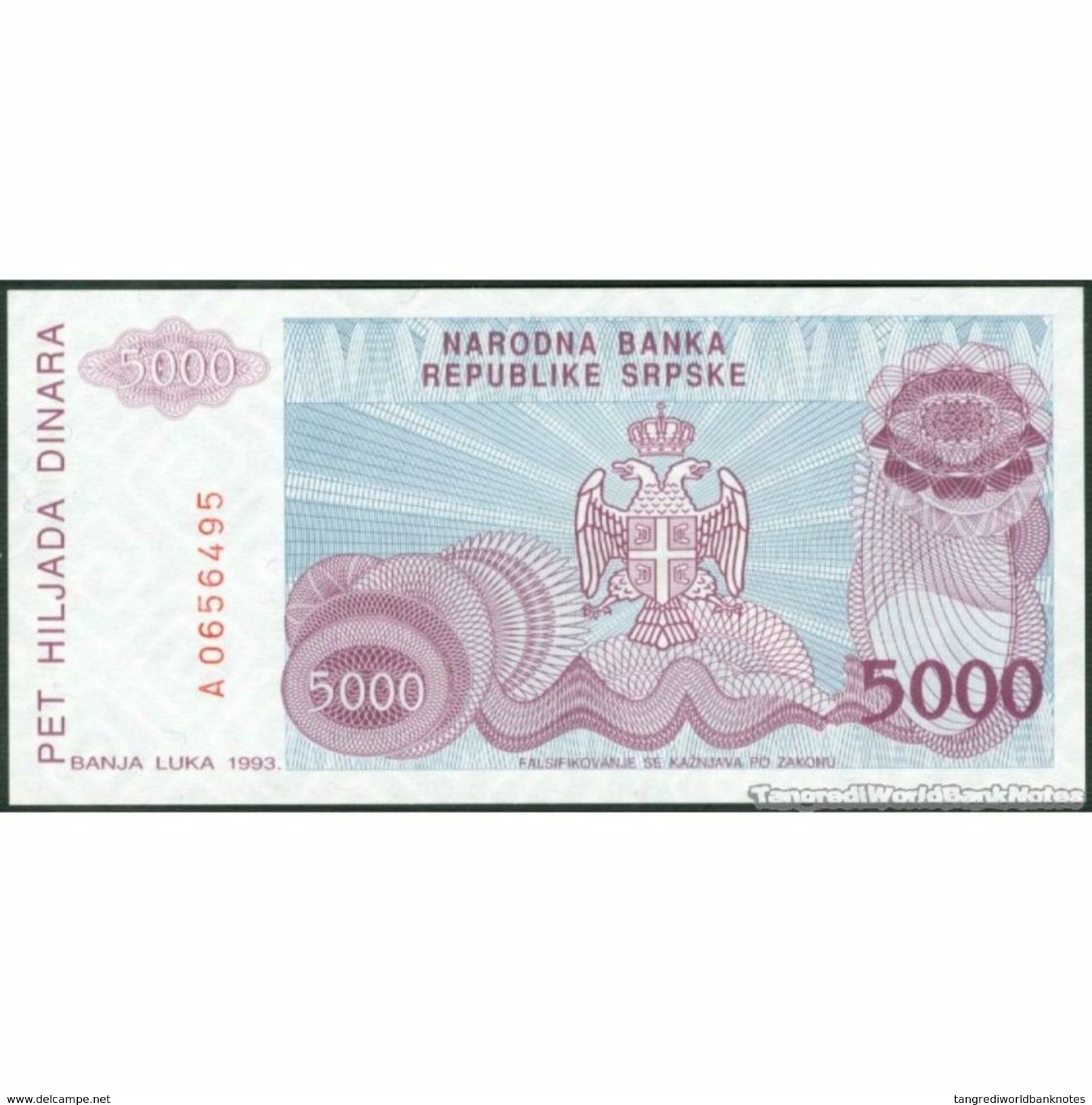 TWN - BOSNIA-HERZEGOVINA 152a - 5000 5.000 Dinara 1993 Prefix A UNC - Bosnia Erzegovina