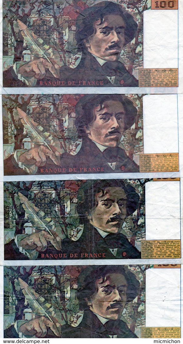 Lot De 4 Billets 100 Francs Delacroix - 100 F 1978-1995 ''Delacroix''