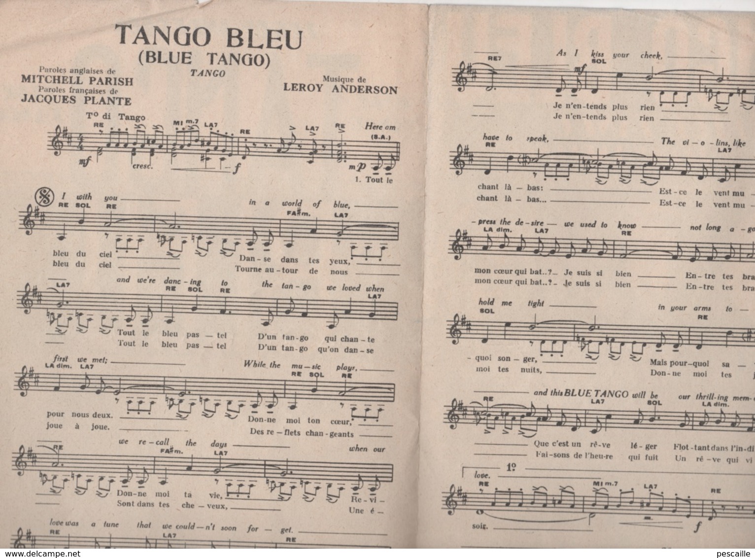 TANGO BLEU / BLUE TANGO - JACQUES HELIAN / TINO ROSSI / PATRICE & MARIO / TONY MURENA / EMIL STERN / HENRY LECA - 1951 - Partitions Musicales Anciennes