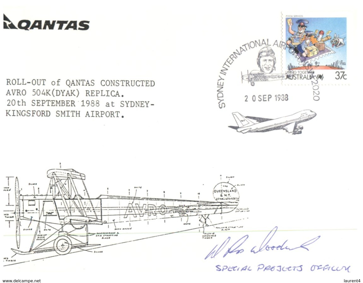 (400) Australia FDC Cover - QANTAS Avro Replica Roll Out (signed By Project Manager) 1988 - Airplanes