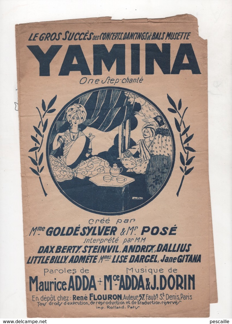 YAMINA - ONE STEP CHANTE - PAROLES MAURICE ADDA - MUSIQUE MAURICE ADDA & J. DORIN CREE PAR Mme GOLDESYLVER & Mr POSE - Partitions Musicales Anciennes