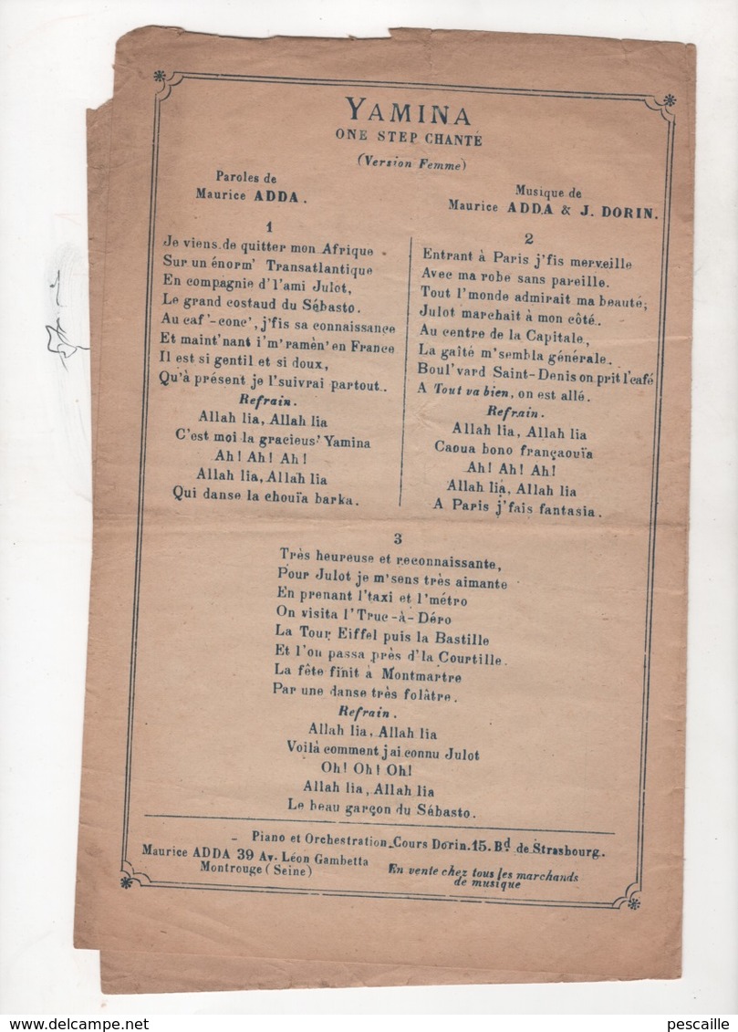 YAMINA - ONE STEP CHANTE - PAROLES MAURICE ADDA - MUSIQUE MAURICE ADDA & J. DORIN CREE PAR Mme GOLDESYLVER & Mr POSE - Partitions Musicales Anciennes