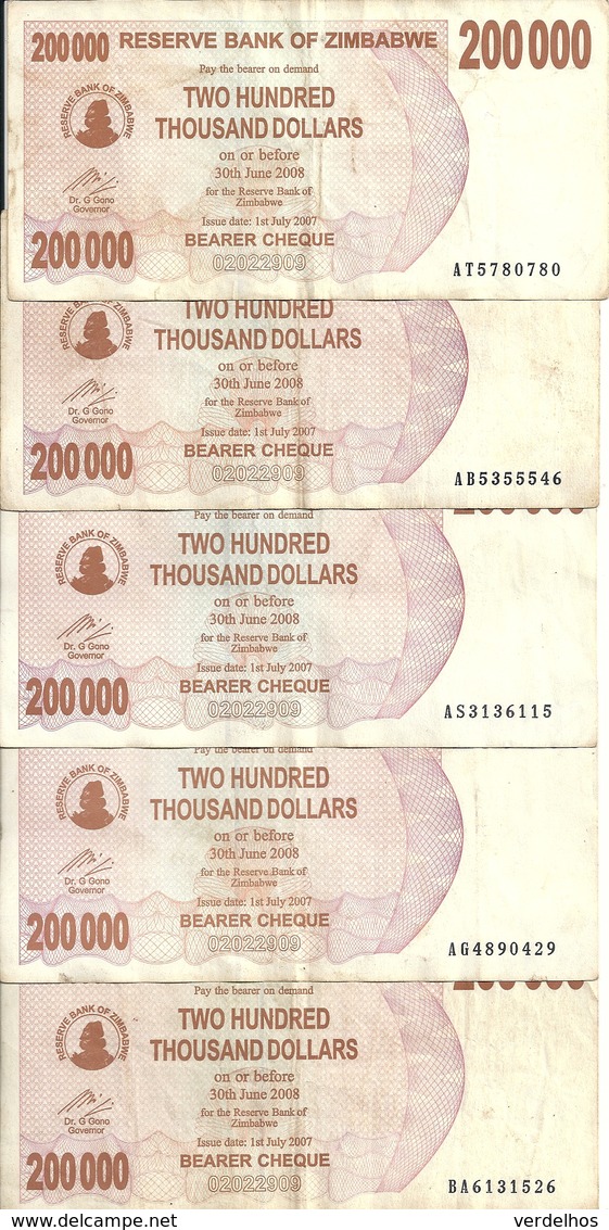 ZIMBABWE 200000 DOLLARS 2007 VF P 49 ( 5 Billets ) - Zimbabwe