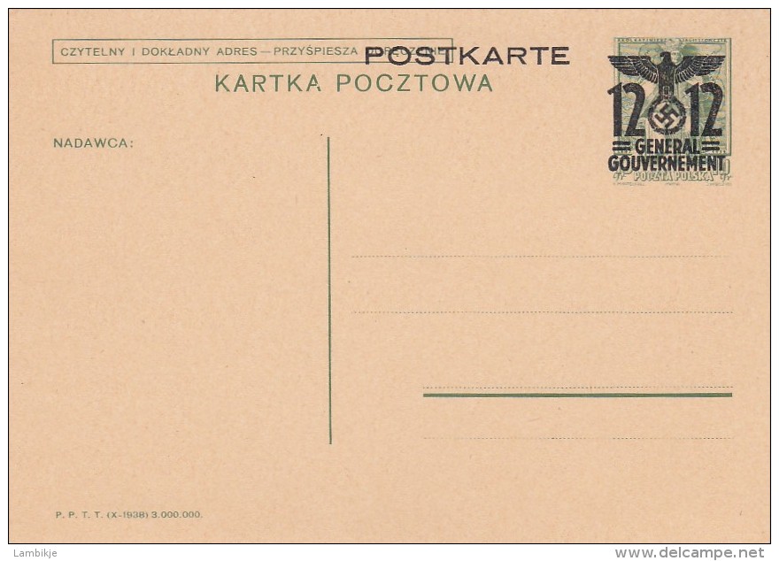 Deutsches Reich General Gouvernement Postkarte 1940 P6 - Sonstige & Ohne Zuordnung