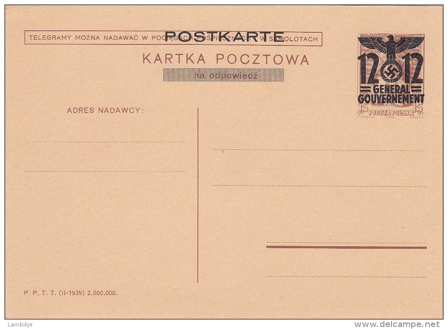 Deutsches Reich General Gouvernement Postkarte 1940 P7A - Sonstige & Ohne Zuordnung