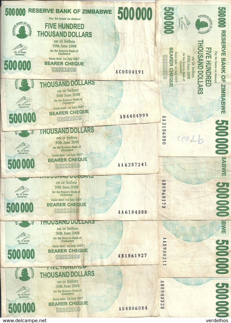 ZIMBABWE 500000  DOLLARS  BEARER CHEQUE  2007 VF P 51 ( 10 Billets) - Zimbabwe