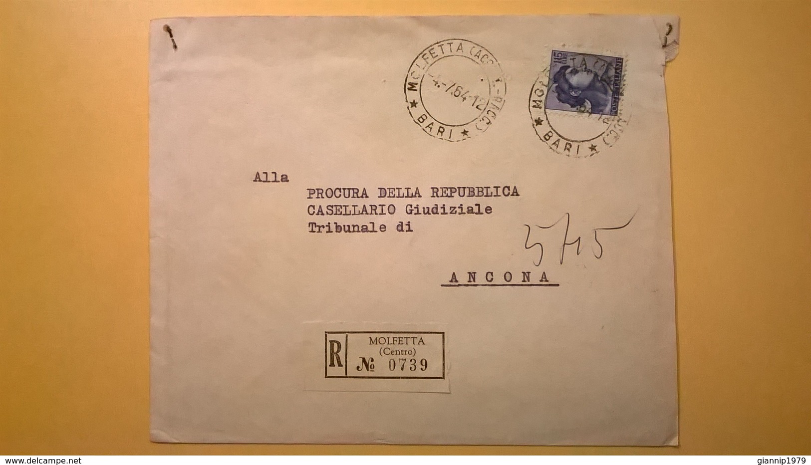 1964 BUSTA RACCOMANDATA VIAGGIATA MOLFETTA - ANCONA BOLLO MICHELANGIOLESCA - 1961-70: Storia Postale