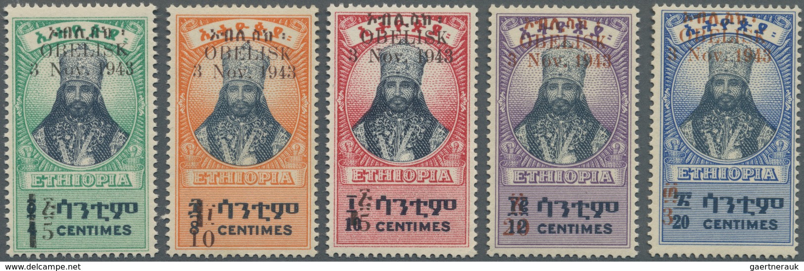 Äthiopien: 1943, Haile Selassie With Opt. ‚OBELISK / 3 Nov. 1943‘ Set Of Five With Total 260 Stamps - Etiopía
