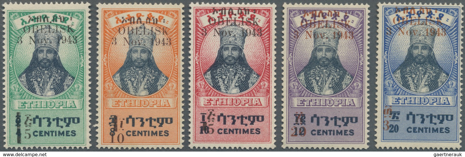 Äthiopien: 1943, Haile Selassie With Opt. ‚OBELISK / 3 Nov. 1943‘ Set Of Five With Total 260 Stamps - Etiopia